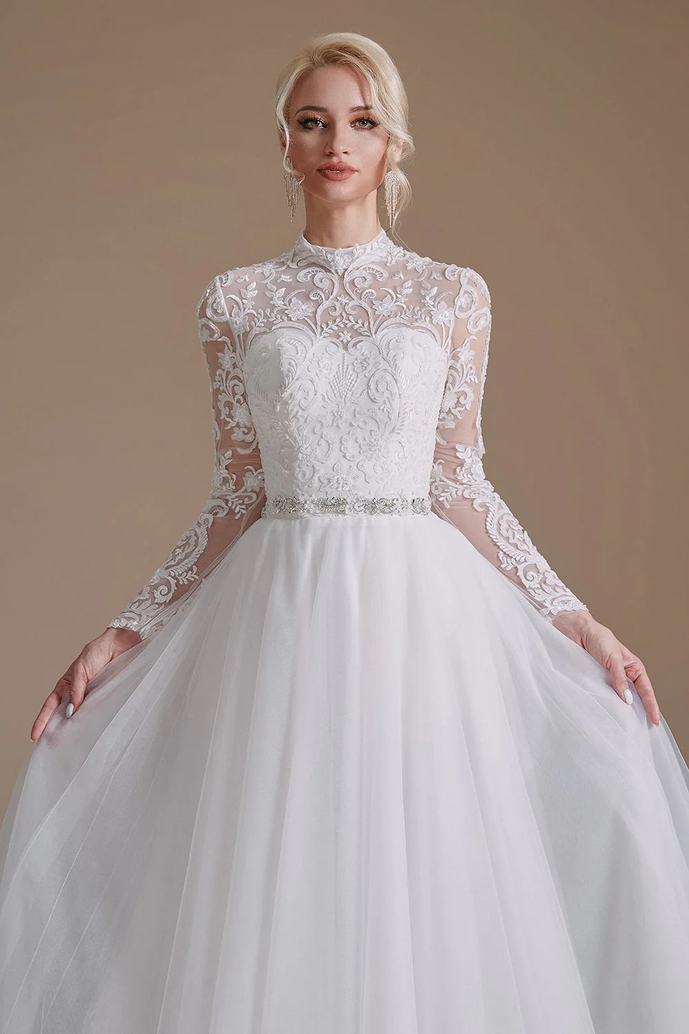 Blanc A-Line Col Haut Manches Manches Longues Robe de Mariée avec Dentelle - Image 3