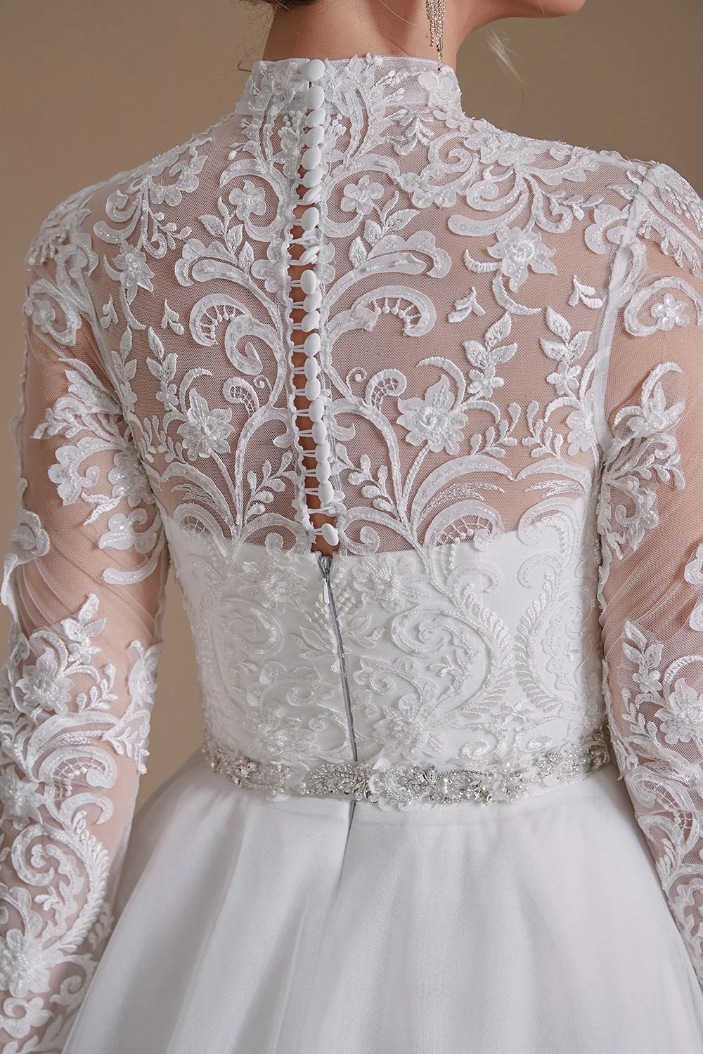 Blanc A-Line Col Haut Manches Manches Longues Robe de Mariée avec Dentelle - Image 4