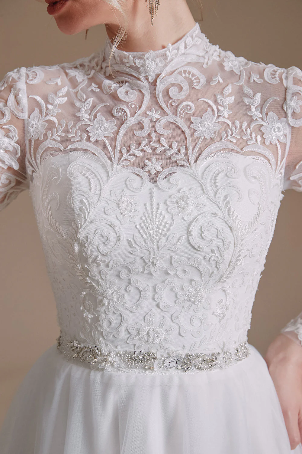 Blanc A-Line Col Haut Manches Manches Longues Robe de Mariée avec Dentelle - Image 5