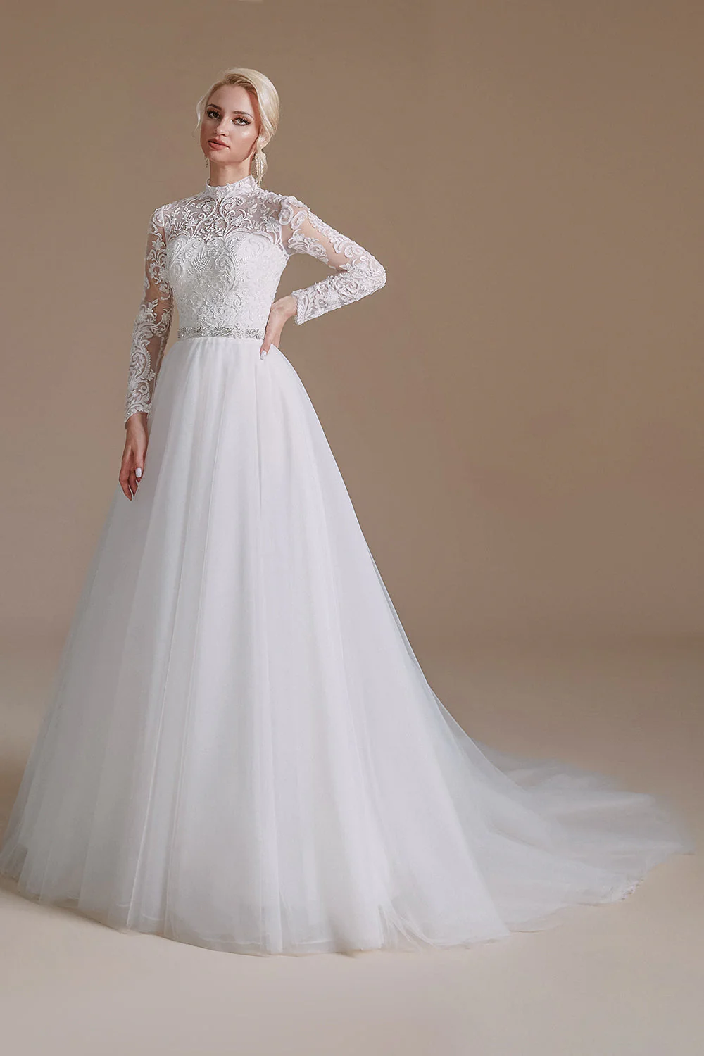 Blanc A-Line Col Haut Manches Manches Longues Robe de Mariée avec Dentelle - Image 6