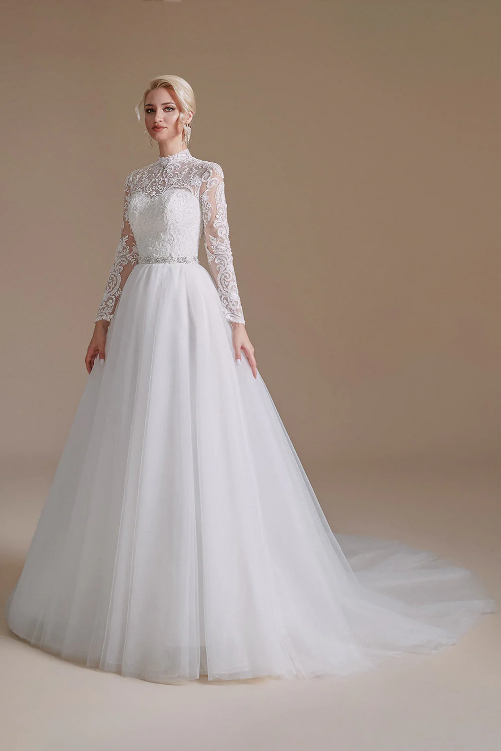 Blanc A-Line Col Haut Manches Manches Longues Robe de Mariée avec Dentelle - Image 7