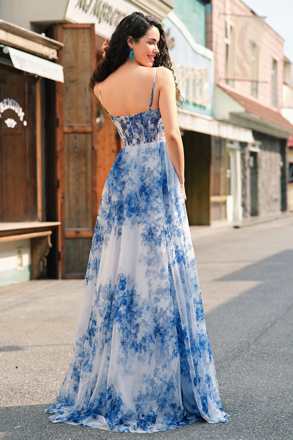 Blanc Bleu Fleur A-ligne bretelles spaghetti bretelles froncé Corset longue robe de bal avec fente - Image 2
