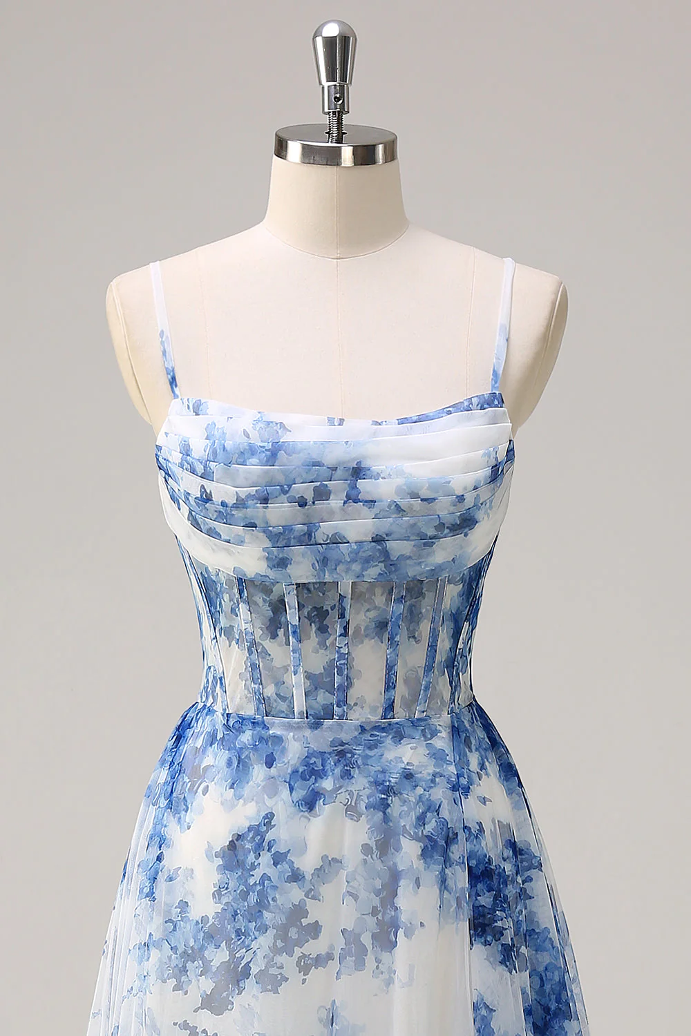 Blanc Bleu Fleur A-ligne bretelles spaghetti bretelles froncé Corset longue robe de bal avec fente - Image 6