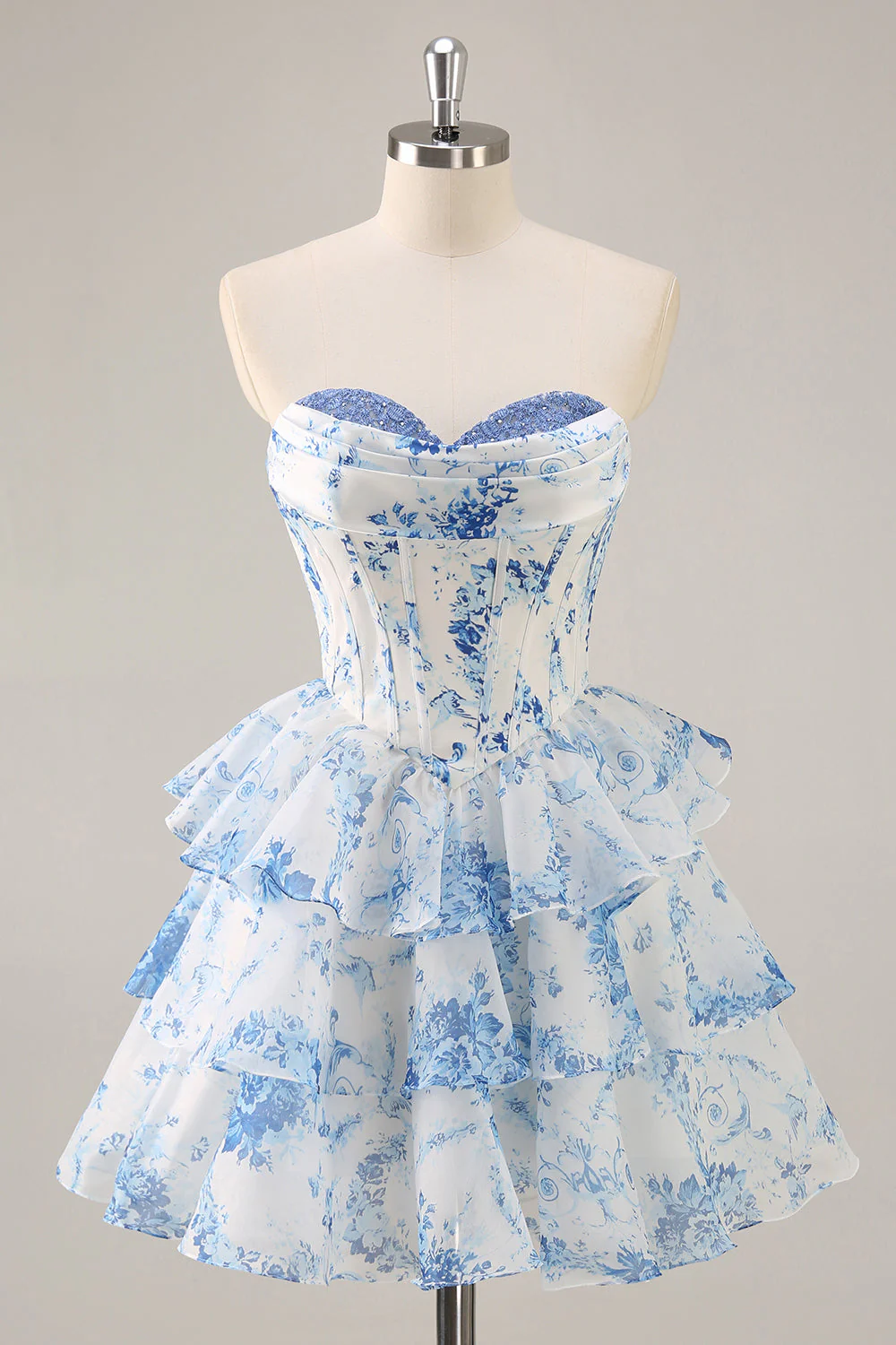 Blanc Bleu Fleur A-Trap Corset Sans Bretelles Robe de cocktail - Image 7
