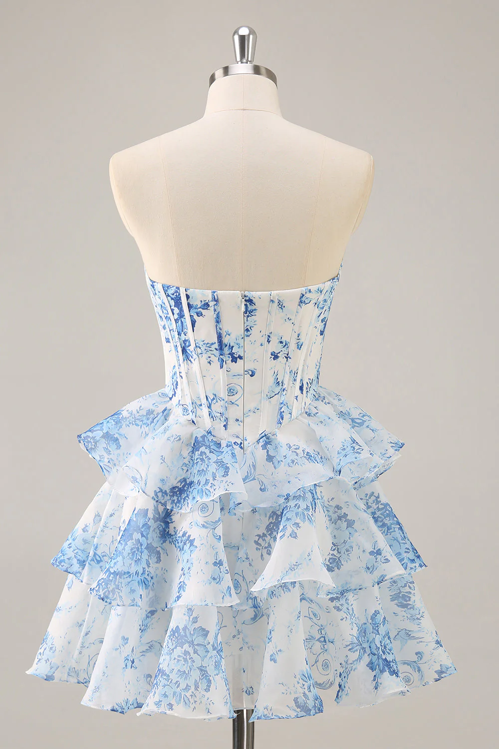 Blanc Bleu Fleur A-Trap Corset Sans Bretelles Robe de cocktail - Image 8