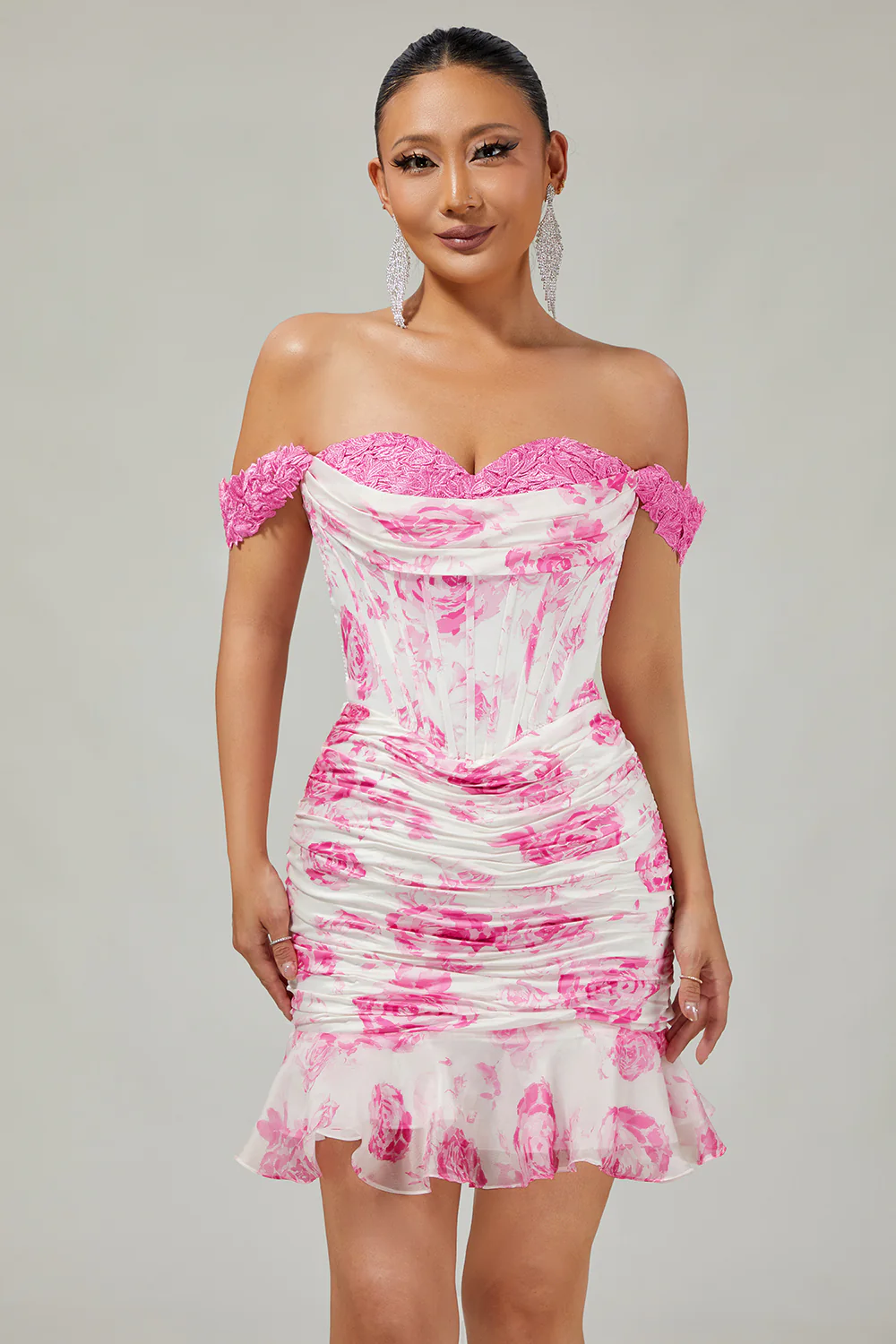 Blanc Bleu Fleur Hors Épaule Corset Satin Robe de cocktail Avec Volants - Image 11