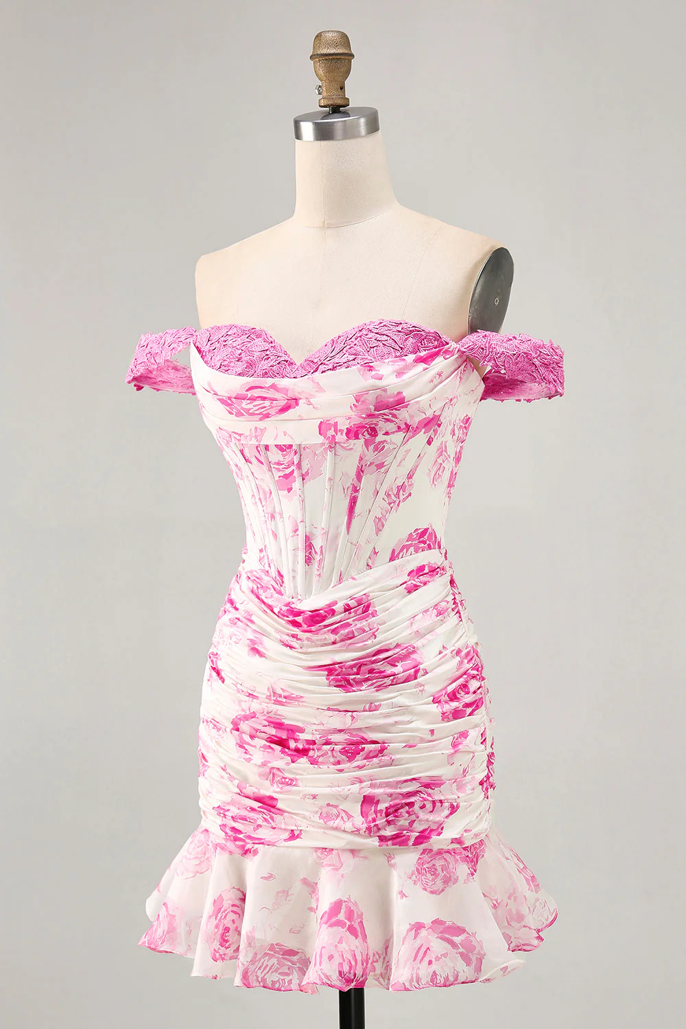 Blanc Bleu Fleur Hors Épaule Corset Satin Robe de cocktail Avec Volants - Image 14