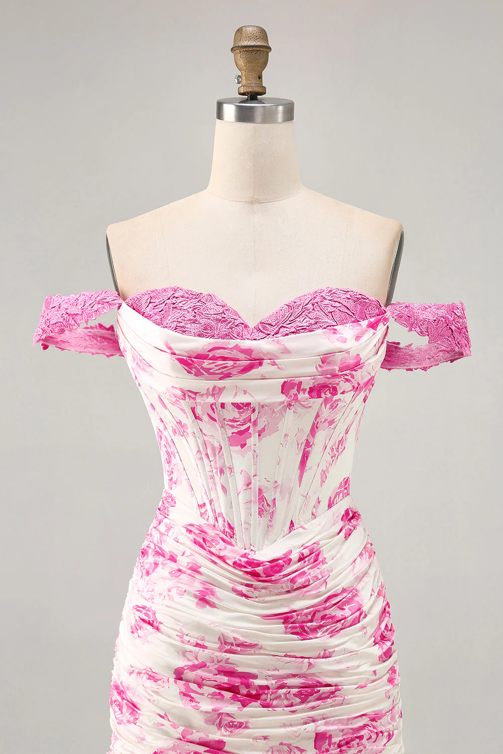 Blanc Bleu Fleur Hors Épaule Corset Satin Robe de cocktail Avec Volants - Image 15