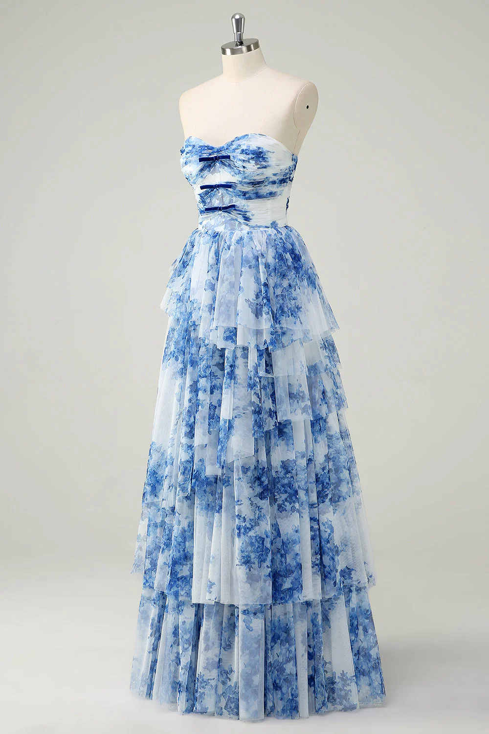 Blanc Bleu Fleur Une Ligne Sans Bretelles Robe De Soirée À Niveaux - Image 3