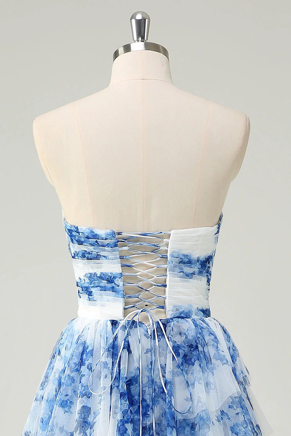Blanc Bleu Fleur Une Ligne Sans Bretelles Robe De Soirée À Niveaux - Image 5