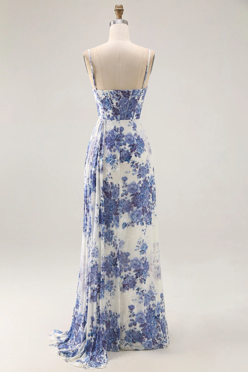 Blanc Bleu Floral Corset Gaine Col Col Long Demoiselle d’honneur Robe avec Streamer - Image 2