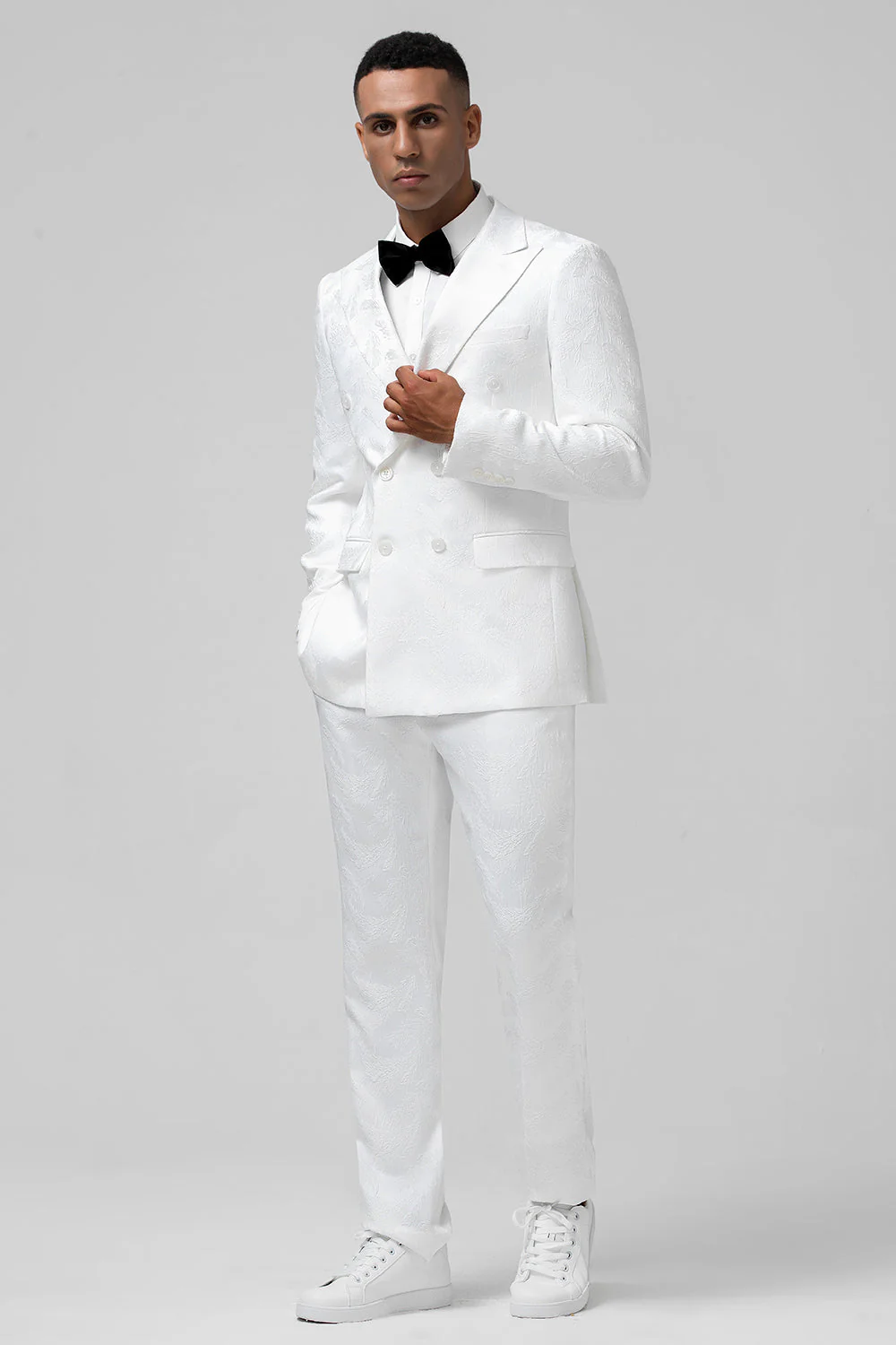 Costume homme 2 pièces blanc jacquard coupe slim revers crête double boutonnage - Image 3