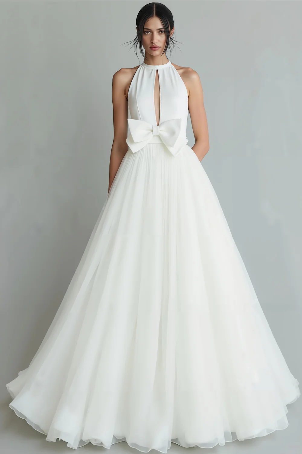 Blanc Une Ligne Organza Noeud Col Ras du Cou Longue Robe de Mariée Avec Trou De Serrure