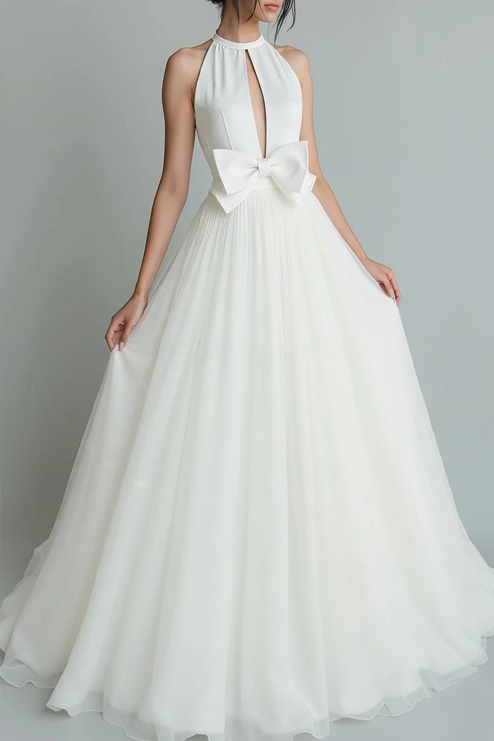 Blanc Une Ligne Organza Noeud Col Ras du Cou Longue Robe de Mariée Avec Trou De Serrure - Image 3