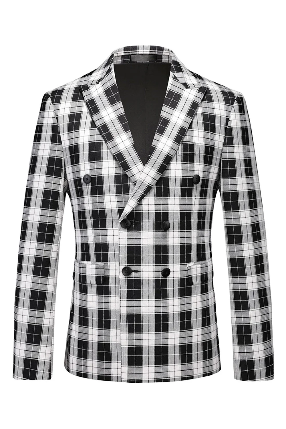 Blazer à carreaux croisés noir et blanc à revers en pointe pour homme