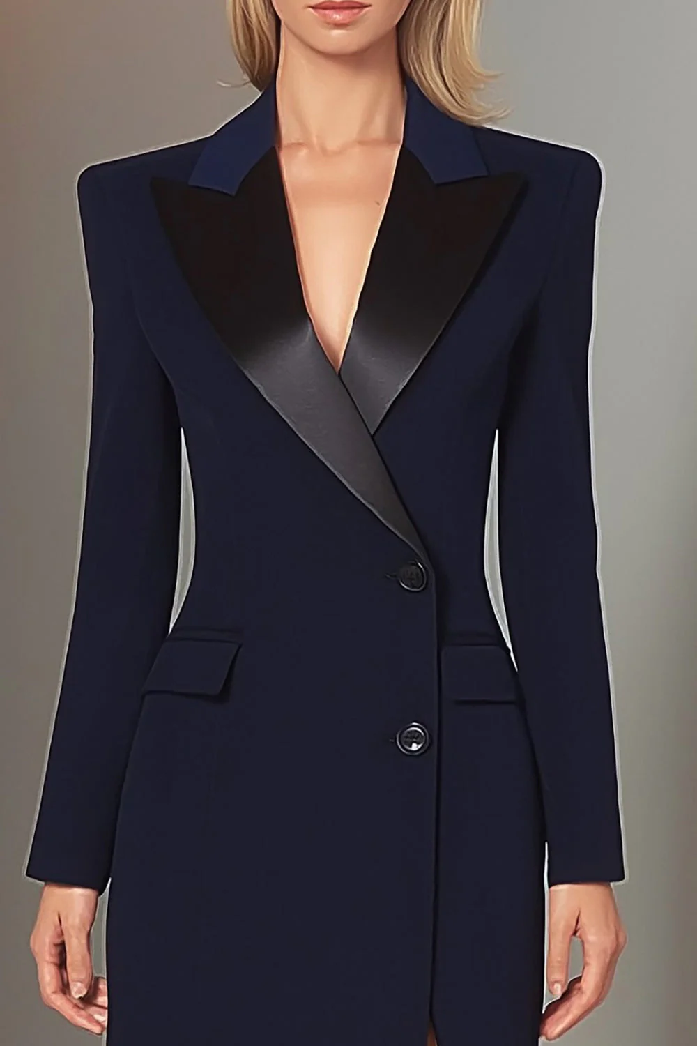 Blazer femme marine à col crête manches longues élégant - Image 3