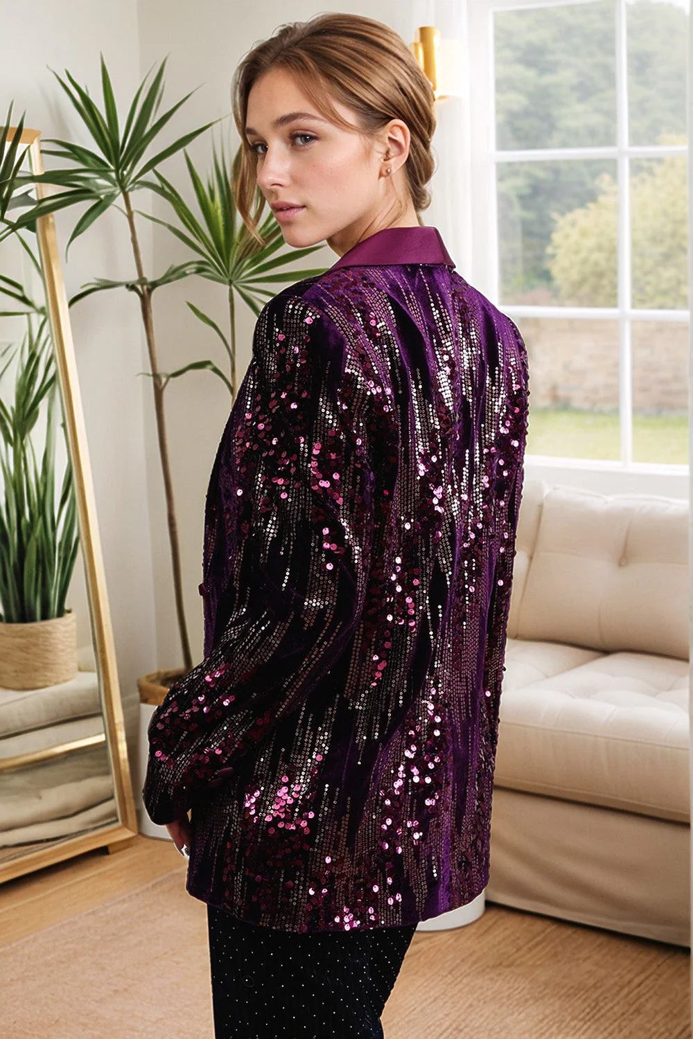 Blazer de bal à paillettes châle violet scintillant à paillettes - Image 4