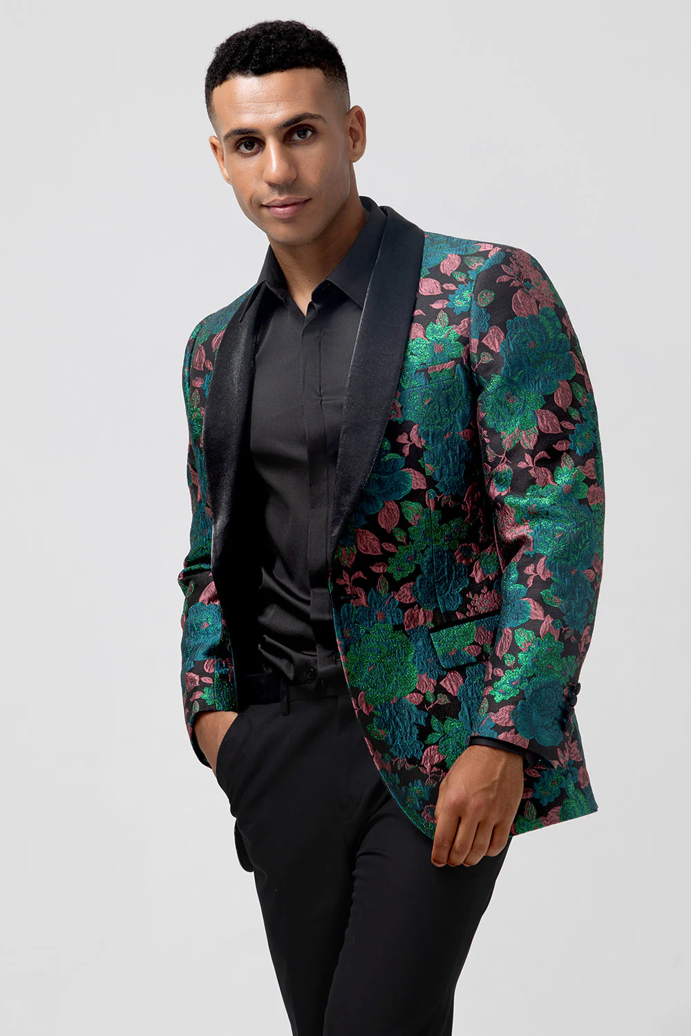 Blazer de bal homme en jacquard vert à revers à un bouton - Image 3