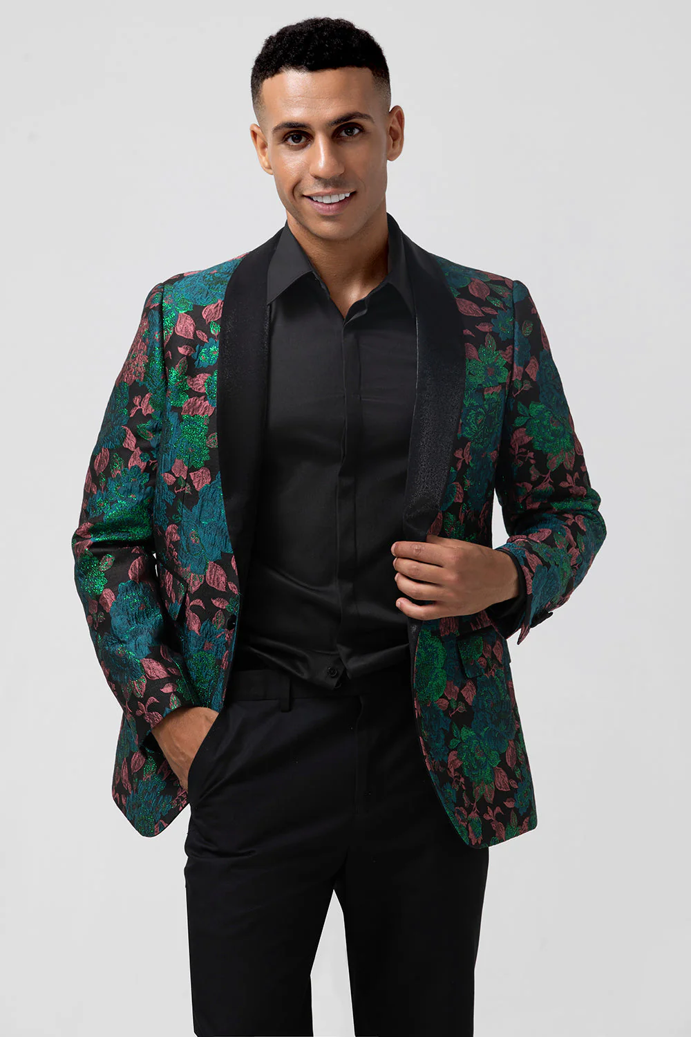 Blazer de bal homme en jacquard vert à revers à un bouton - Image 4