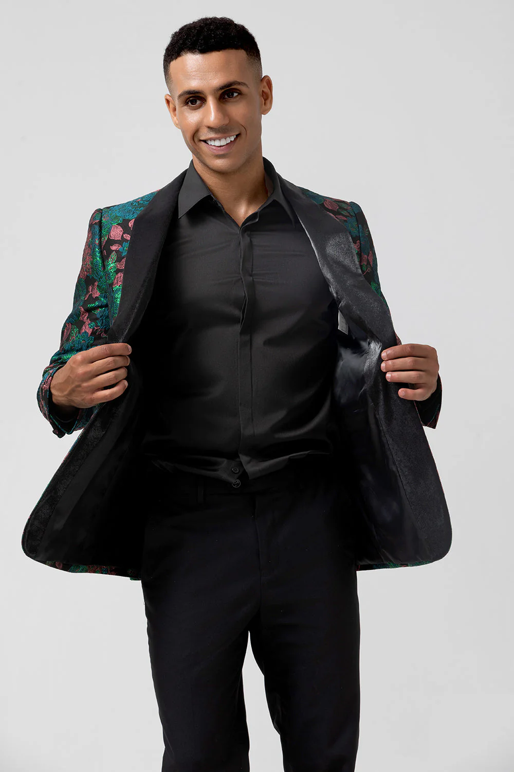 Blazer de bal homme en jacquard vert à revers à un bouton - Image 5