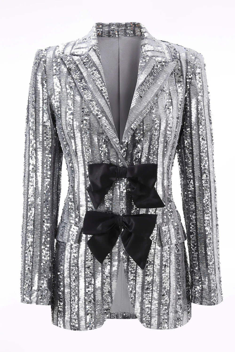 Blazer de bal pour femmes à revers en pointe gris argenté scintillant avec nœuds