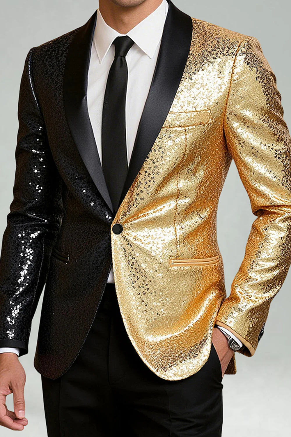 Blazer de bal pour hommes à revers noir doré en châle doré scintillant - Image 3