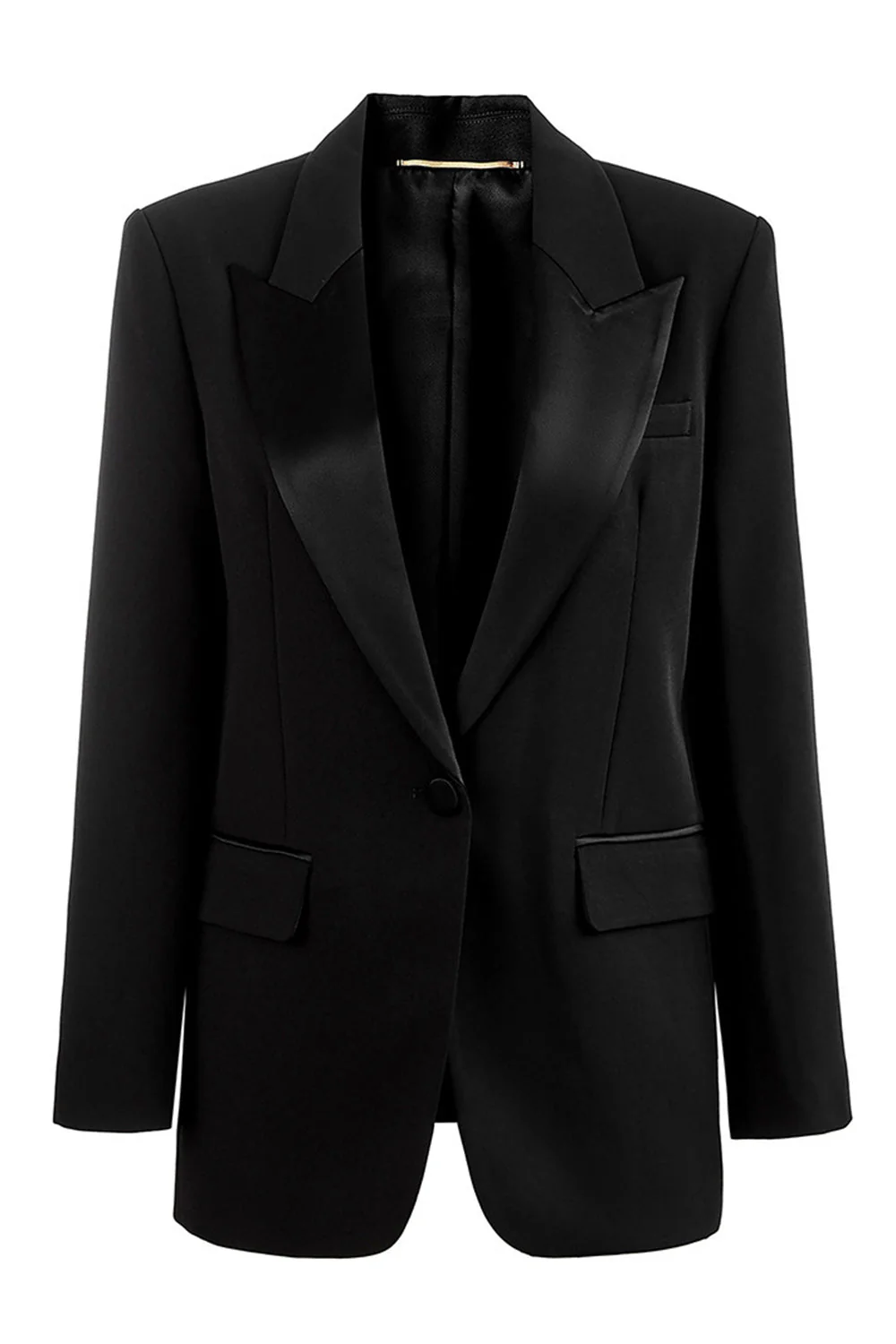 Blazer en satin à revers à pointe noire à un bouton