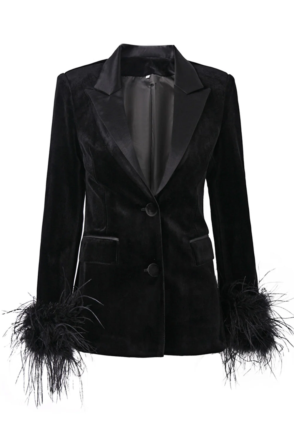 Blazer en velours noir avec plumes et revers en pointe