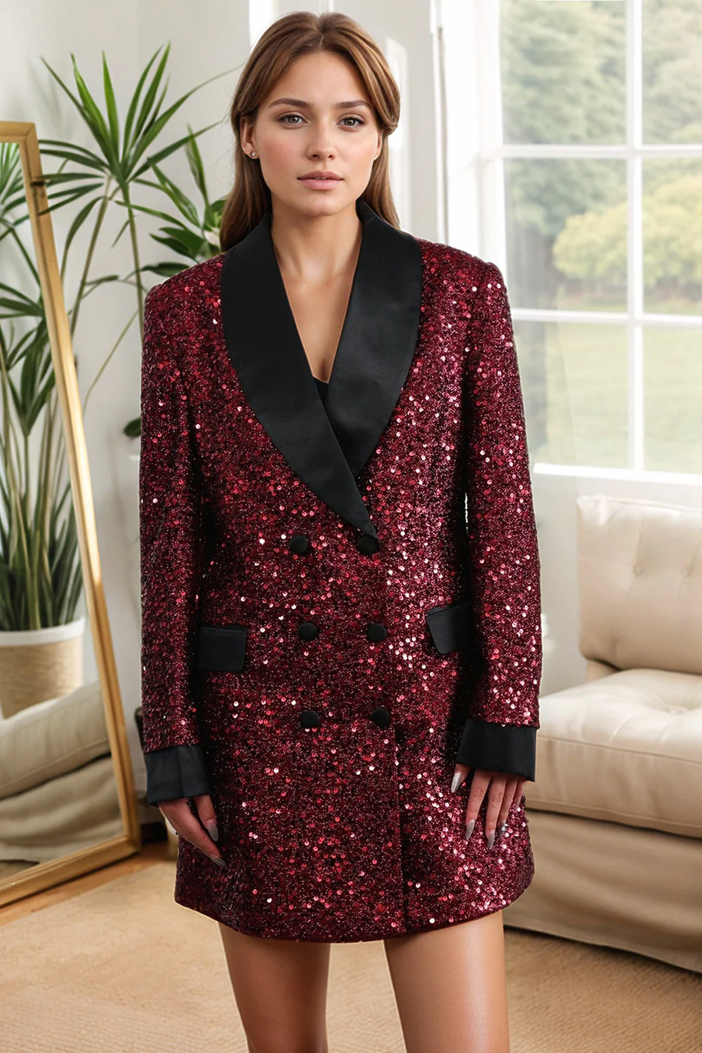 Blazer moulant à sequins bordeaux scintillant pour femme