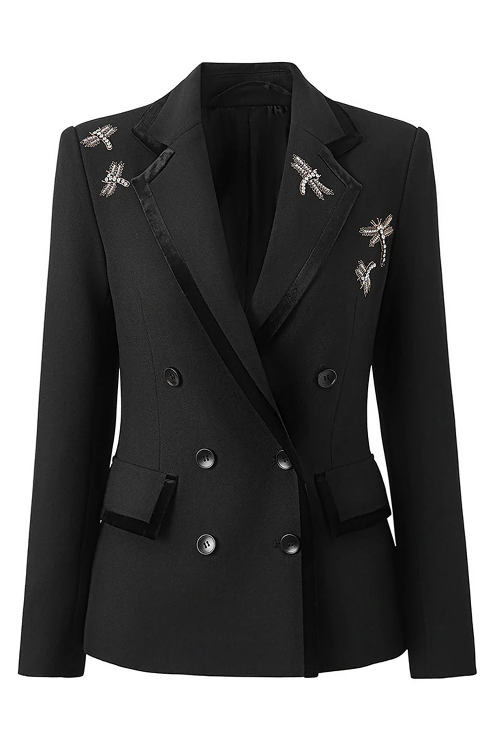 Blazer noir brodé à double boutonnage et boutonnage à revers