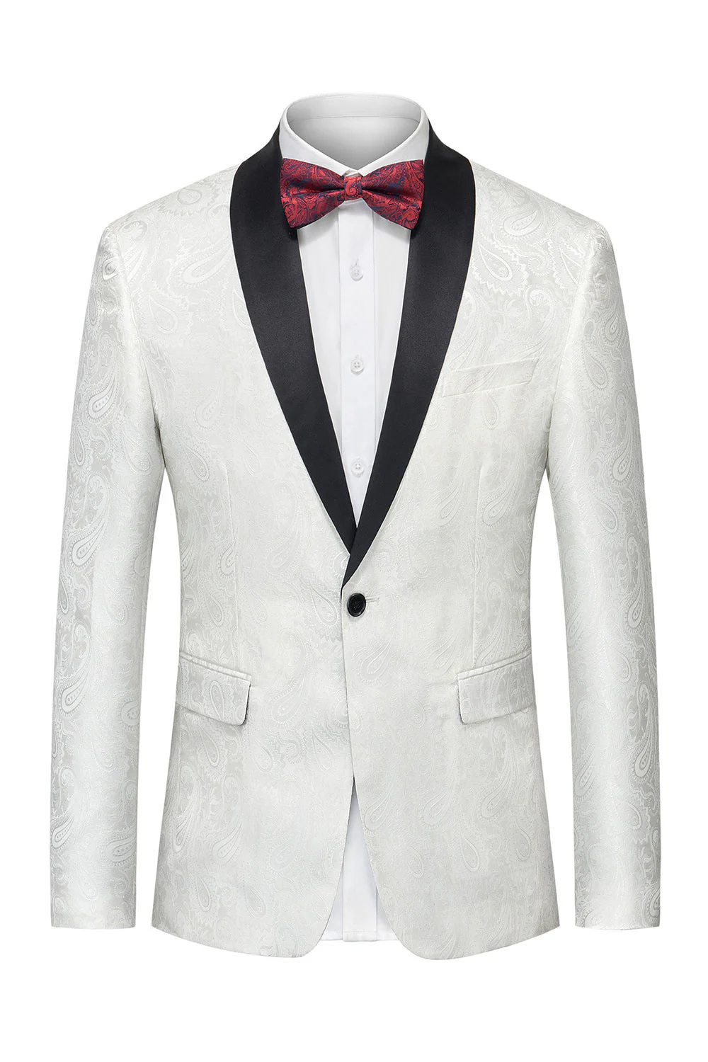 Blazer pour hommes à simple boutonnage et chale Jacquard noir à revers avec nœud papillon - Image 9
