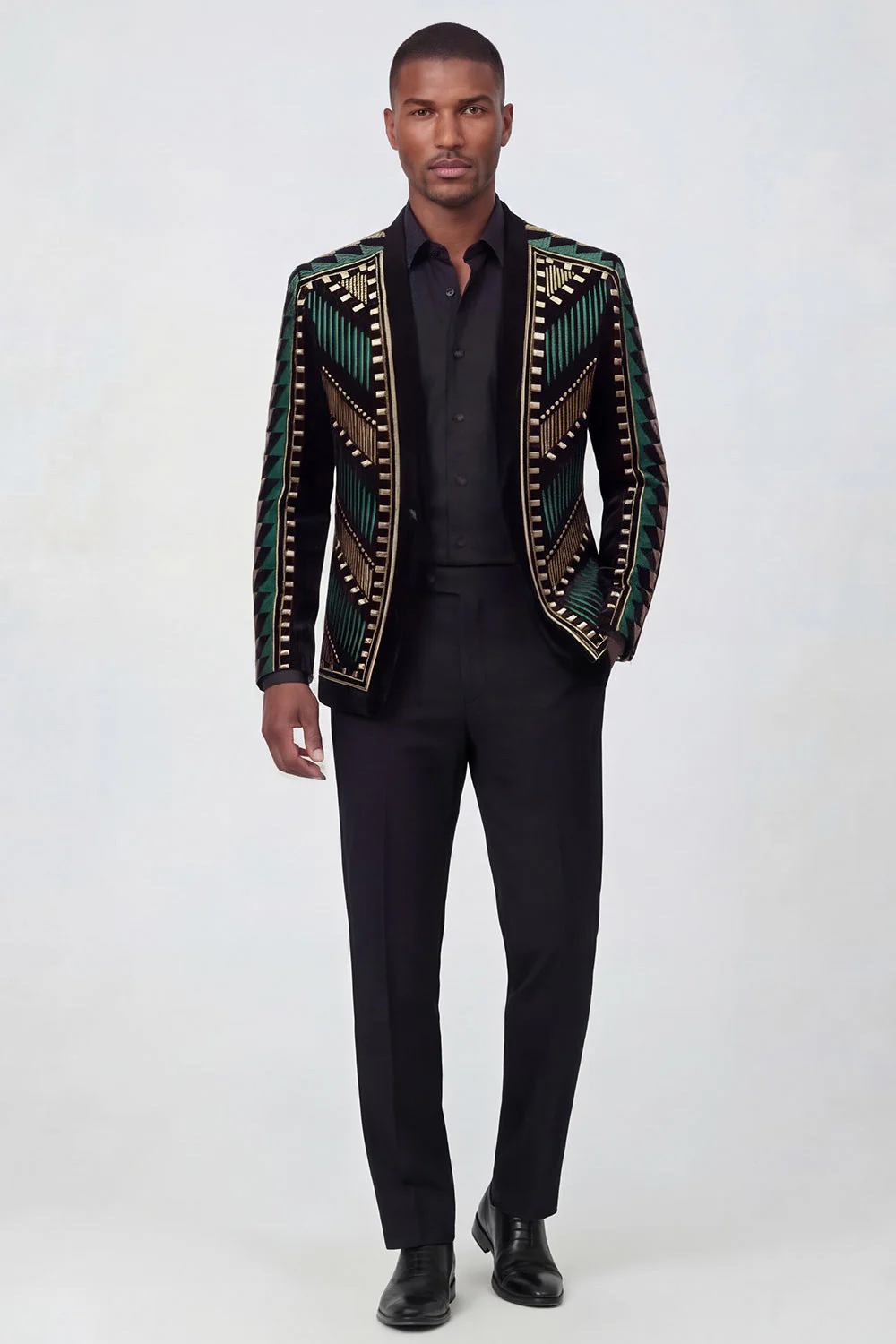 Blazer pour hommes brodé géométriquement à l’ouverture vert