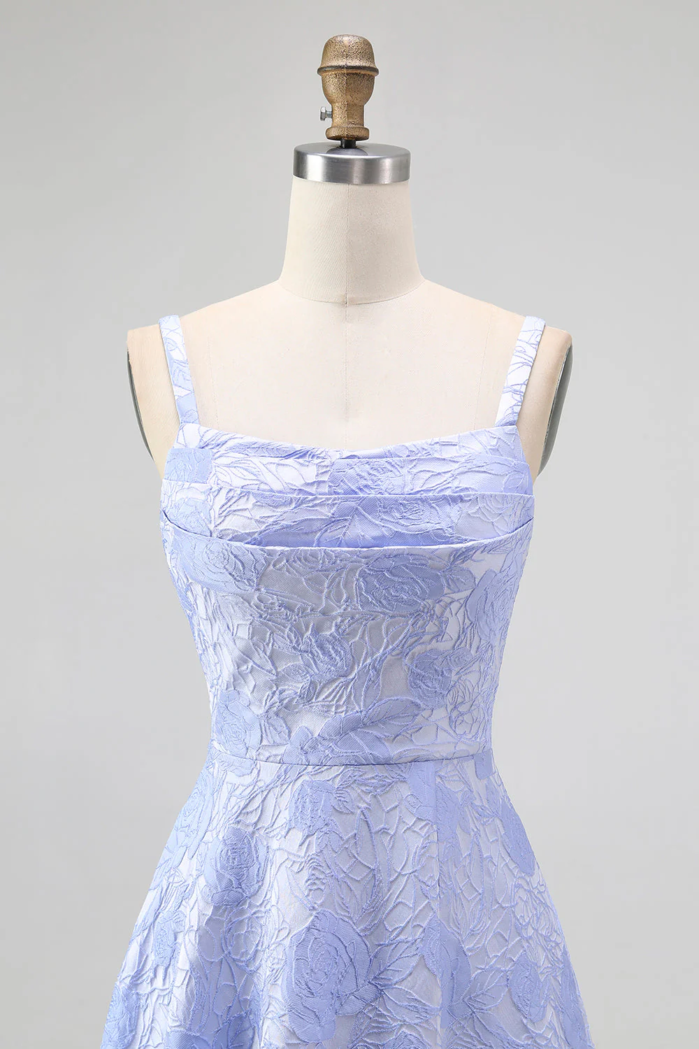 Robe de demoiselle d'honneur longue bleu ligne A col bénitier jacquard floral avec fente - Image 4
