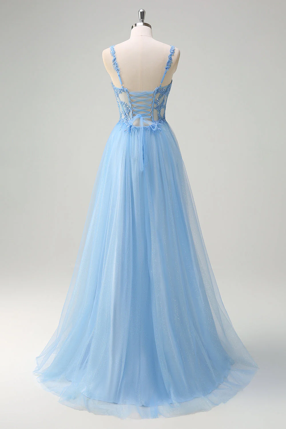 Bleu A-ligne scintillant Corset transparent à lacets dans le dos Robe de bal longue avec fente - Image 2