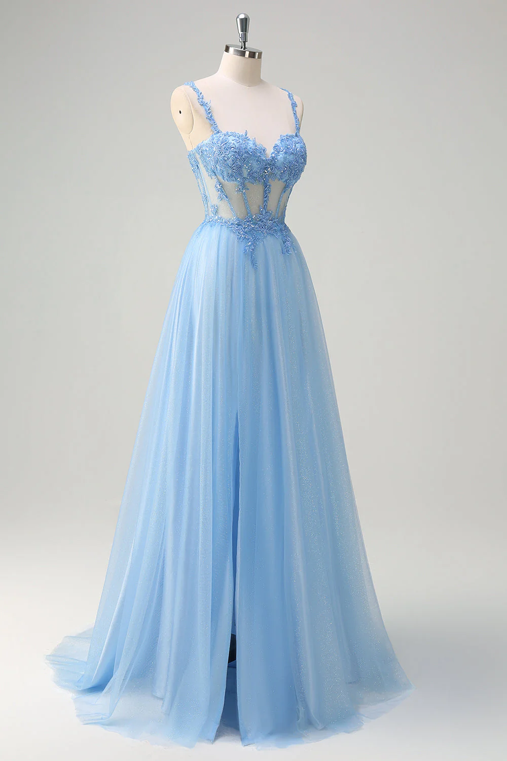 Bleu A-ligne scintillant Corset transparent à lacets dans le dos Robe de bal longue avec fente - Image 3
