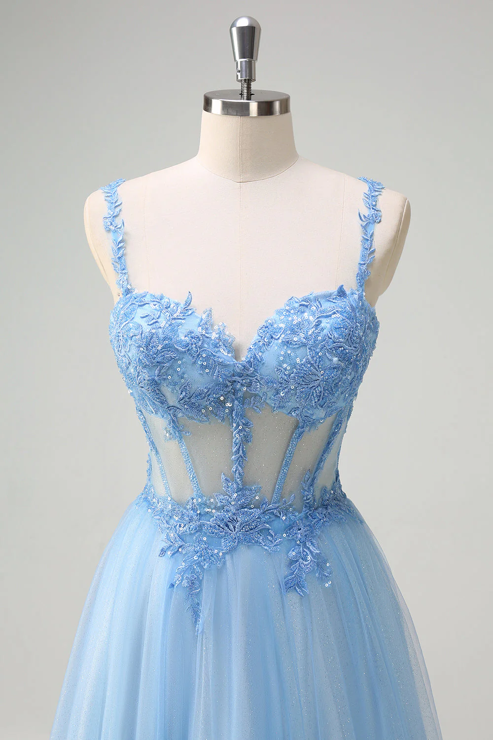 Bleu A-ligne scintillant Corset transparent à lacets dans le dos Robe de bal longue avec fente - Image 4