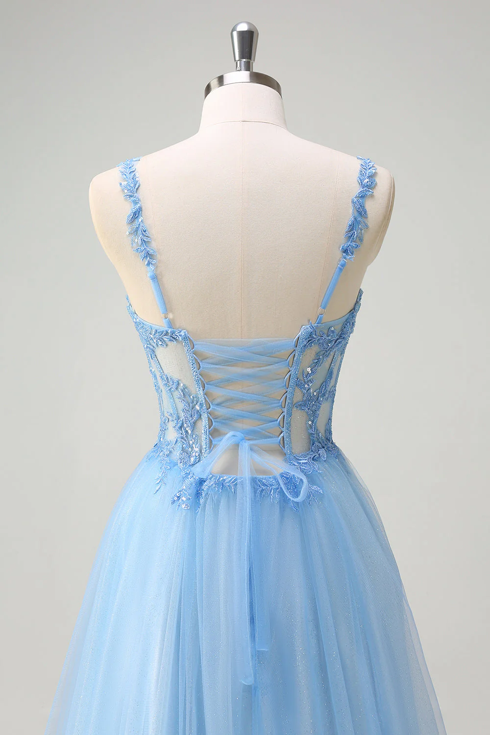 Bleu A-ligne scintillant Corset transparent à lacets dans le dos Robe de bal longue avec fente - Image 5