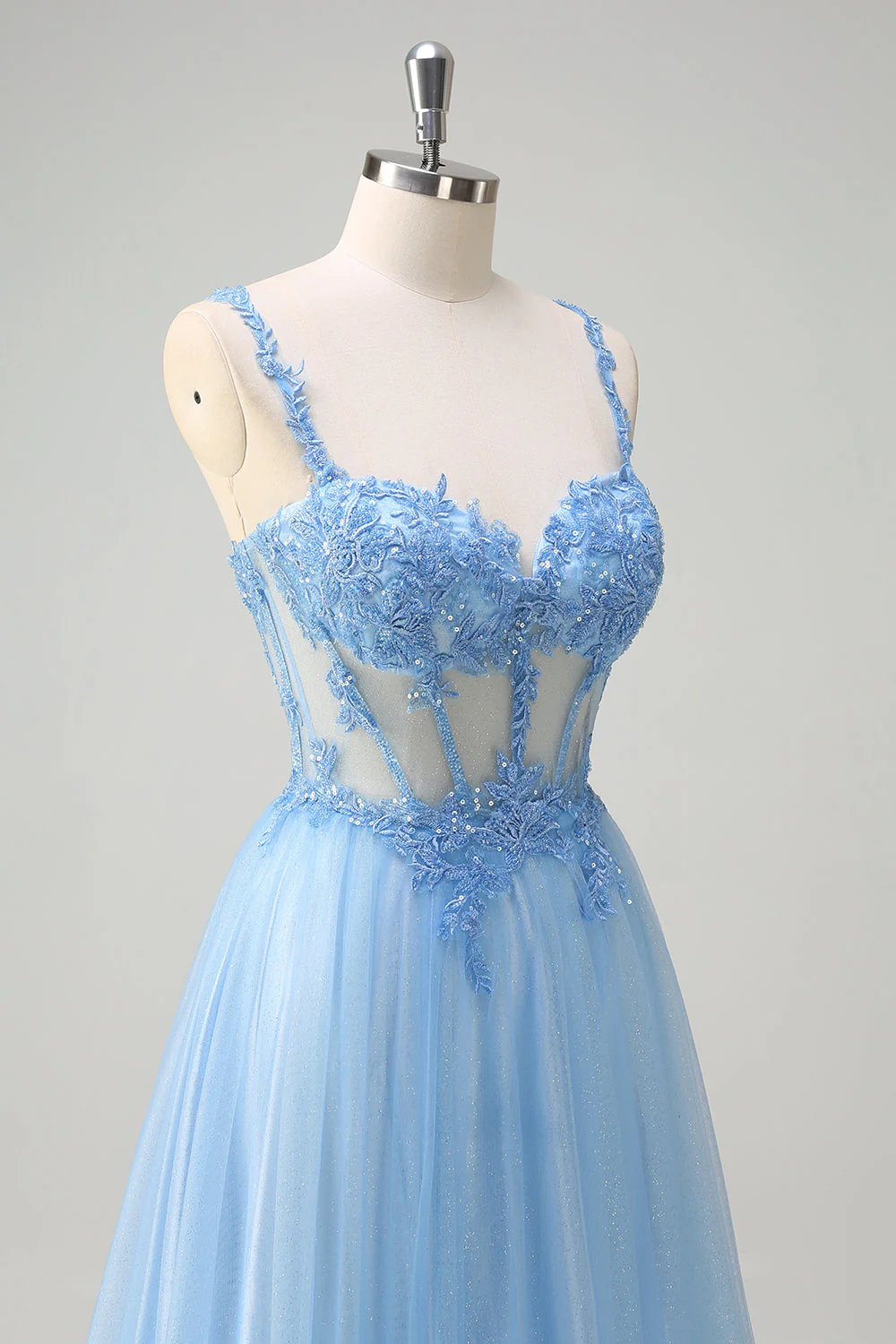 Bleu A-ligne scintillant Corset transparent à lacets dans le dos Robe de bal longue avec fente - Image 6