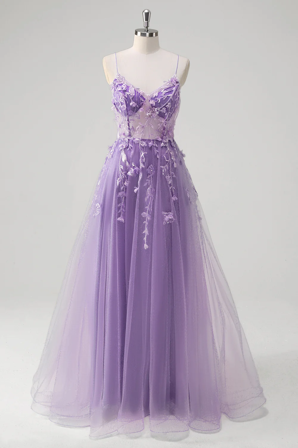 Bleu A Ligne Spaghetti Bretelles Appliqué Corset Robe Longue De Bal Avec Tulle - Image 11