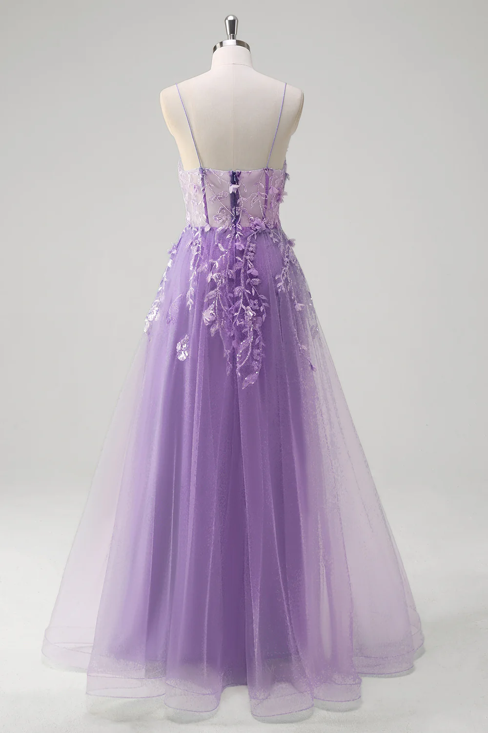 Bleu A Ligne Spaghetti Bretelles Appliqué Corset Robe Longue De Bal Avec Tulle - Image 12