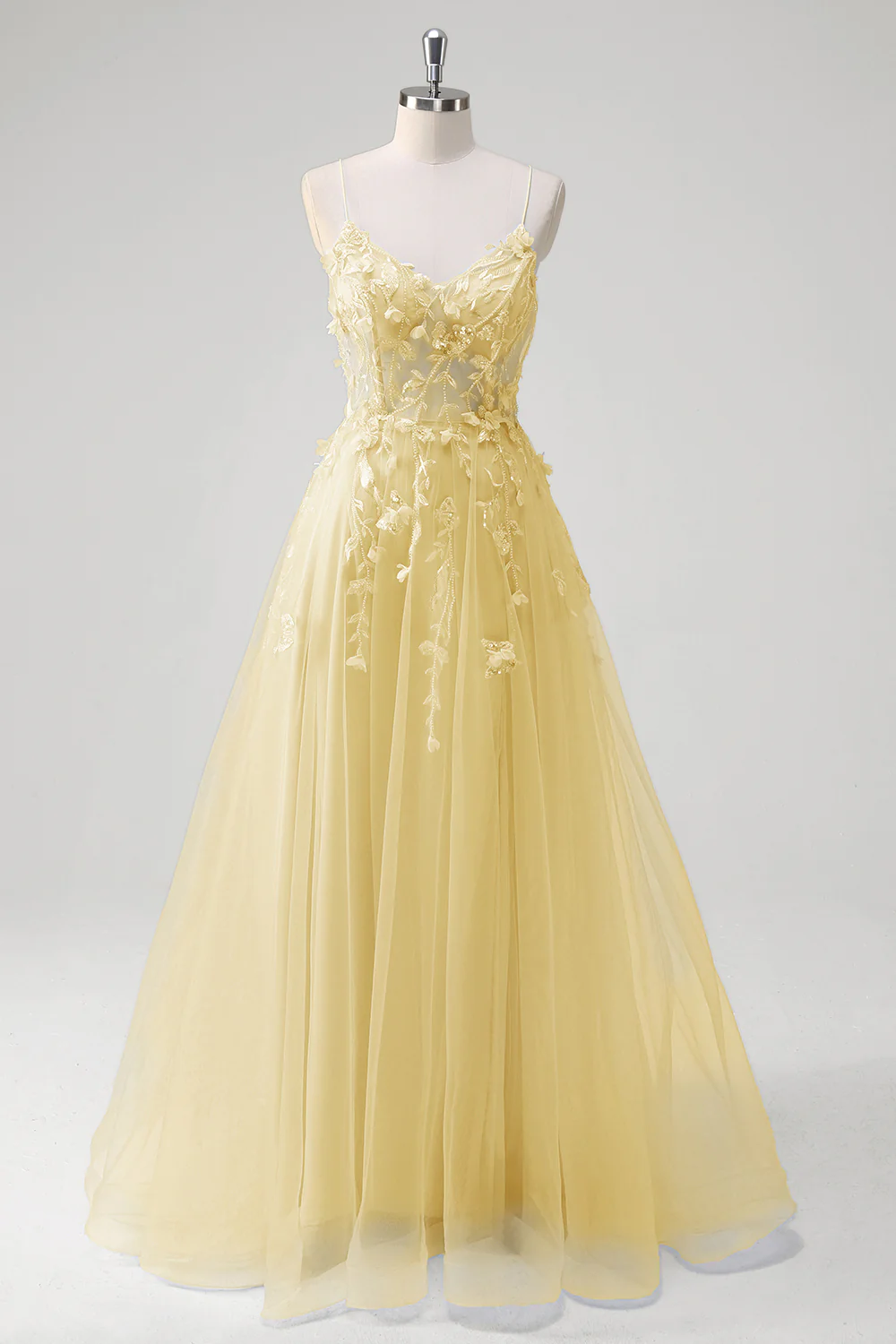 Bleu A Ligne Spaghetti Bretelles Appliqué Corset Robe Longue De Bal Avec Tulle - Image 13