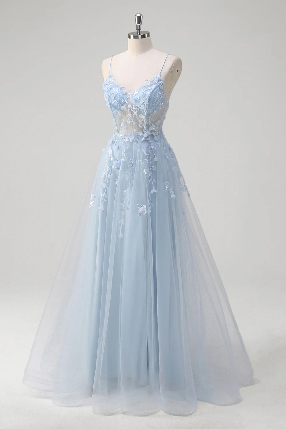 Bleu A Ligne Spaghetti Bretelles Appliqué Corset Robe Longue De Bal Avec Tulle - Image 3