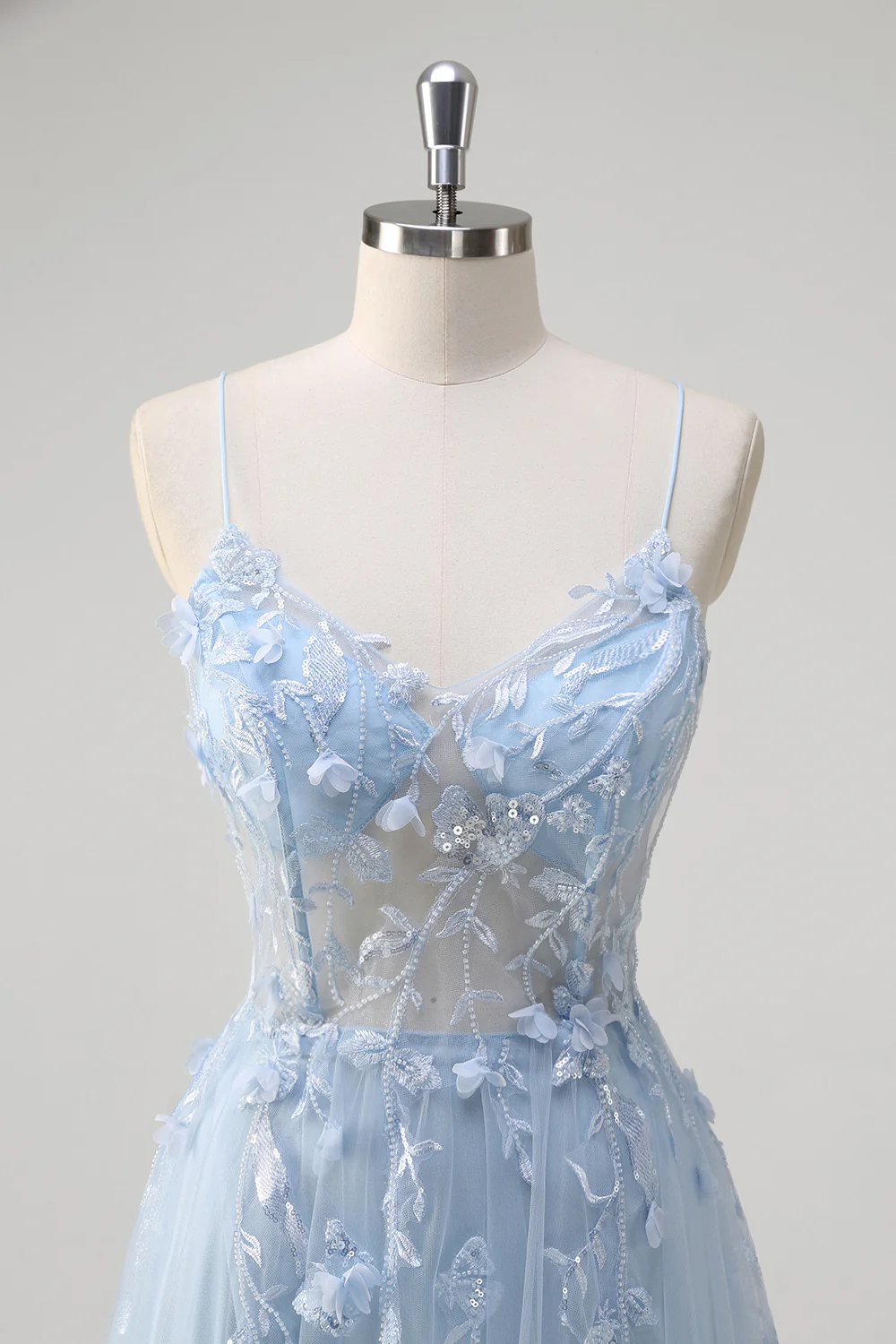 Bleu A Ligne Spaghetti Bretelles Appliqué Corset Robe Longue De Bal Avec Tulle - Image 4