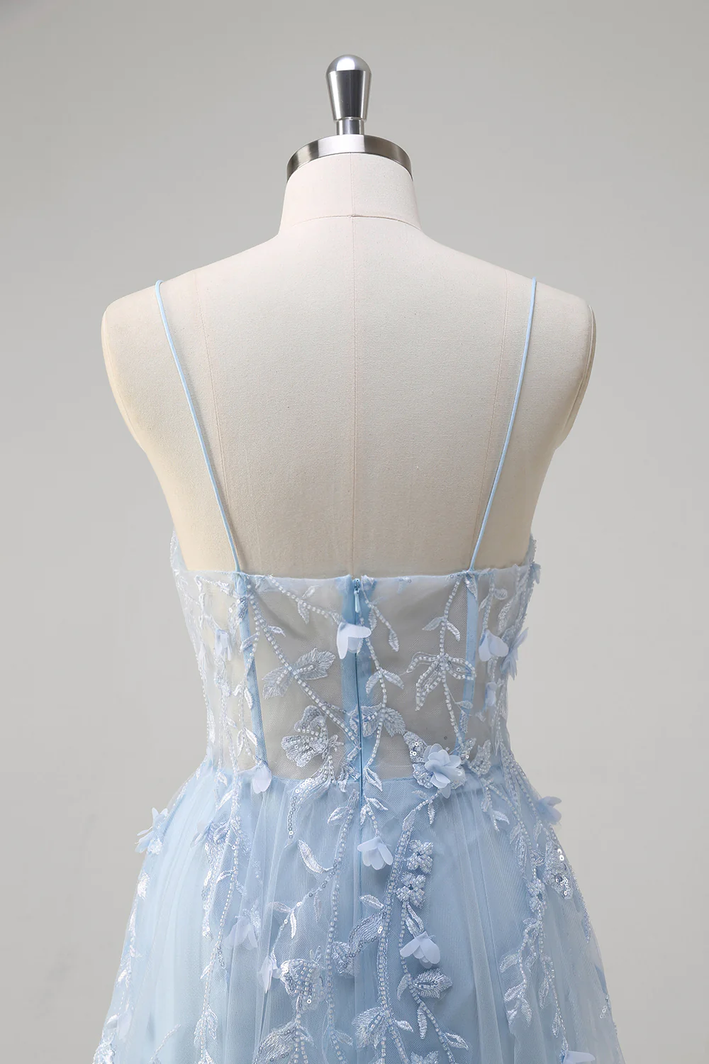 Bleu A Ligne Spaghetti Bretelles Appliqué Corset Robe Longue De Bal Avec Tulle - Image 5