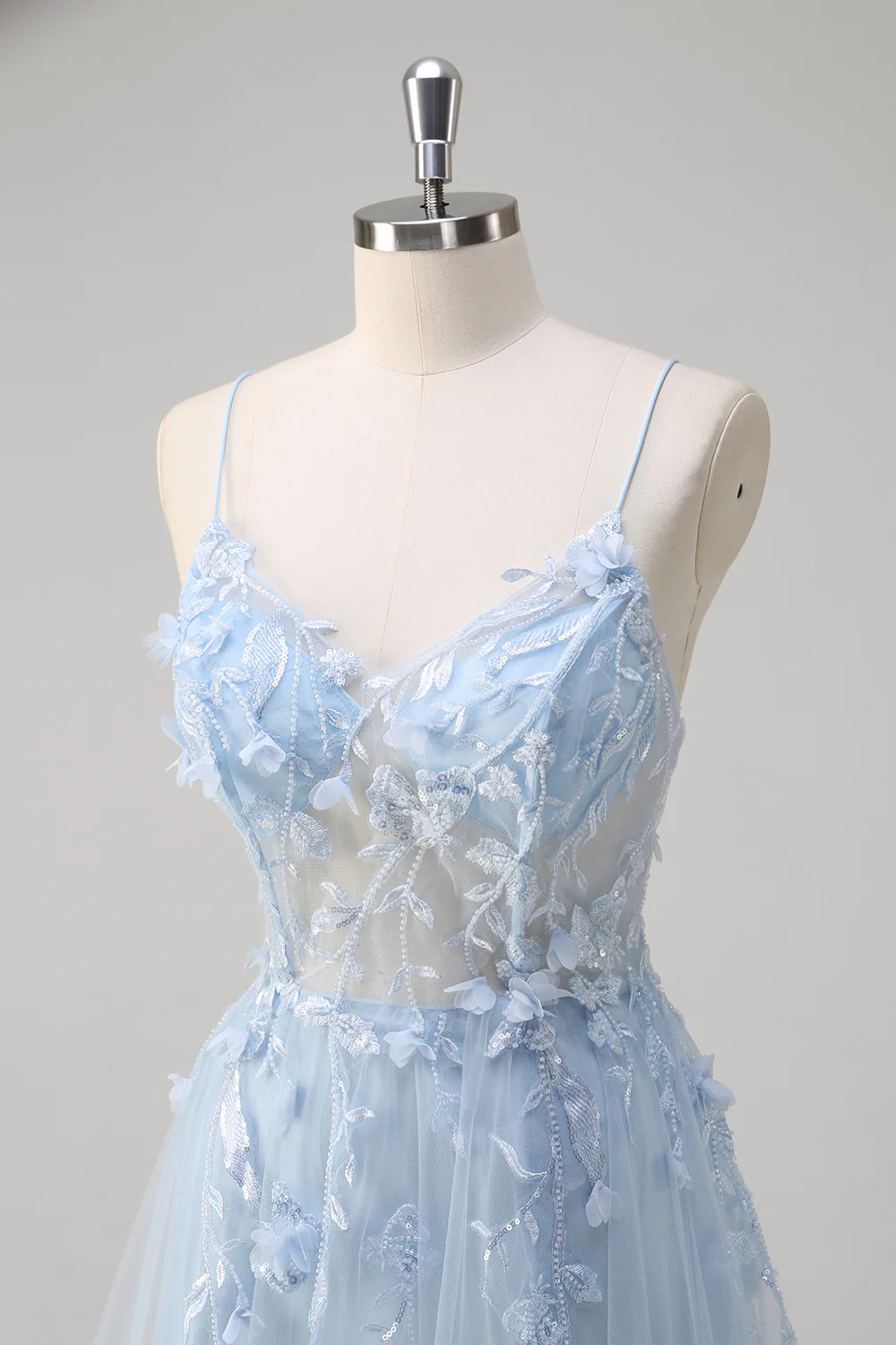 Bleu A Ligne Spaghetti Bretelles Appliqué Corset Robe Longue De Bal Avec Tulle - Image 6