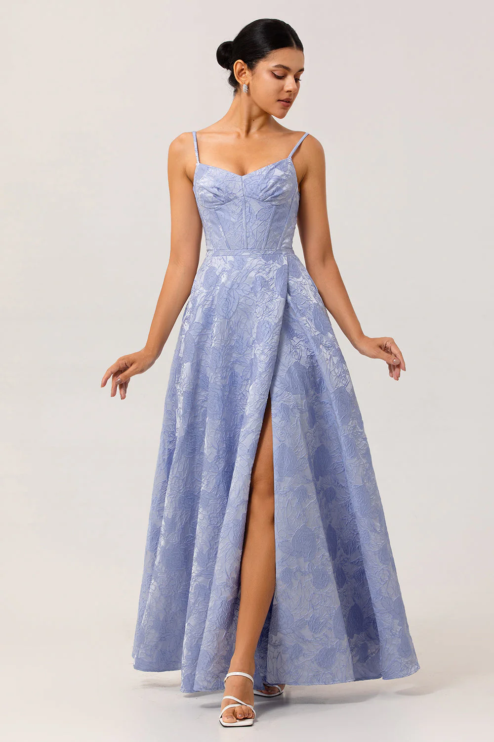 Bleu A Ligne Spaghetti Bretelles Brocart Corset Robe De Soirée Avec Fente