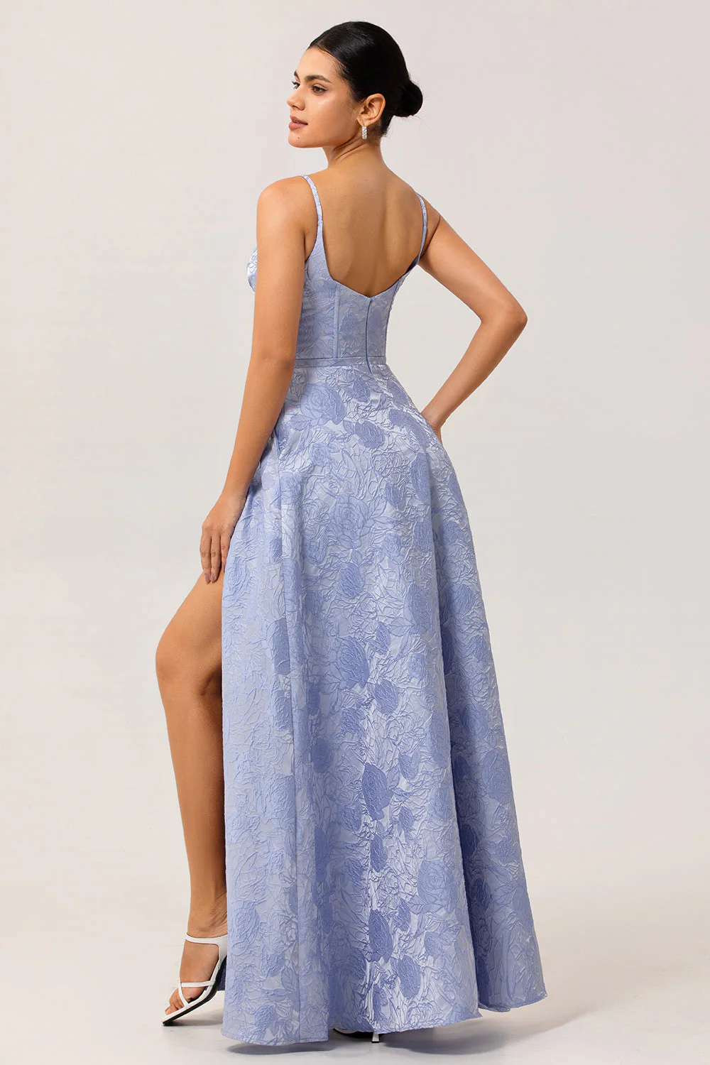 Bleu A Ligne Spaghetti Bretelles Brocart Corset Robe De Soirée Avec Fente - Image 2