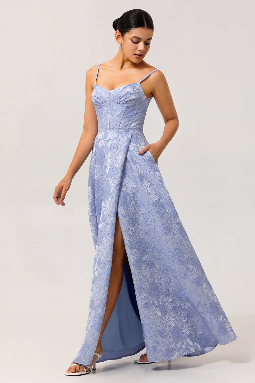 Bleu A Ligne Spaghetti Bretelles Brocart Corset Robe De Soirée Avec Fente - Image 3