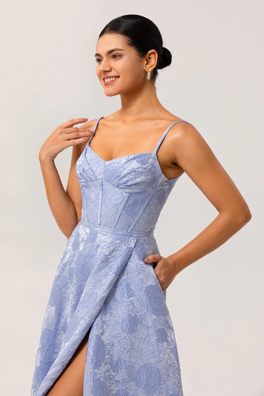 Bleu A Ligne Spaghetti Bretelles Brocart Corset Robe De Soirée Avec Fente - Image 4