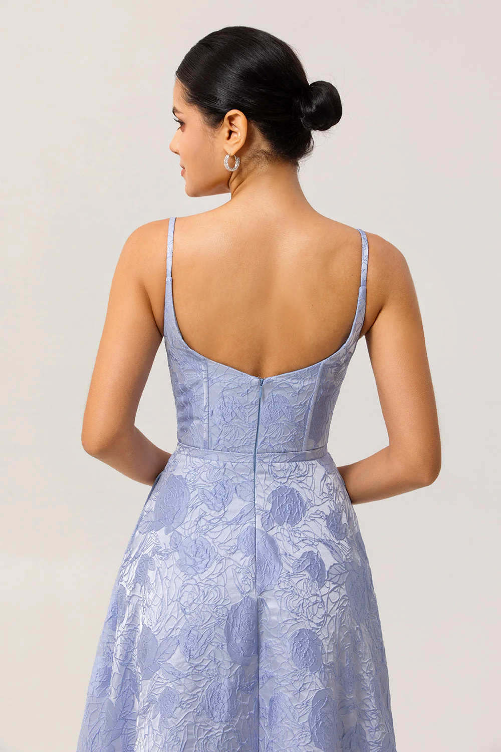 Bleu A Ligne Spaghetti Bretelles Brocart Corset Robe De Soirée Avec Fente - Image 5